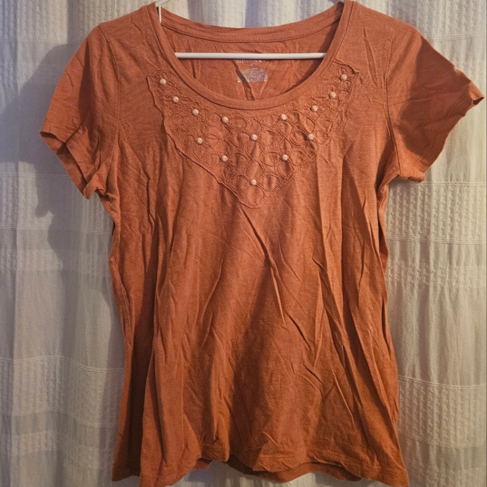 Merona Orange Short Sleeve Embellished T-Shirt